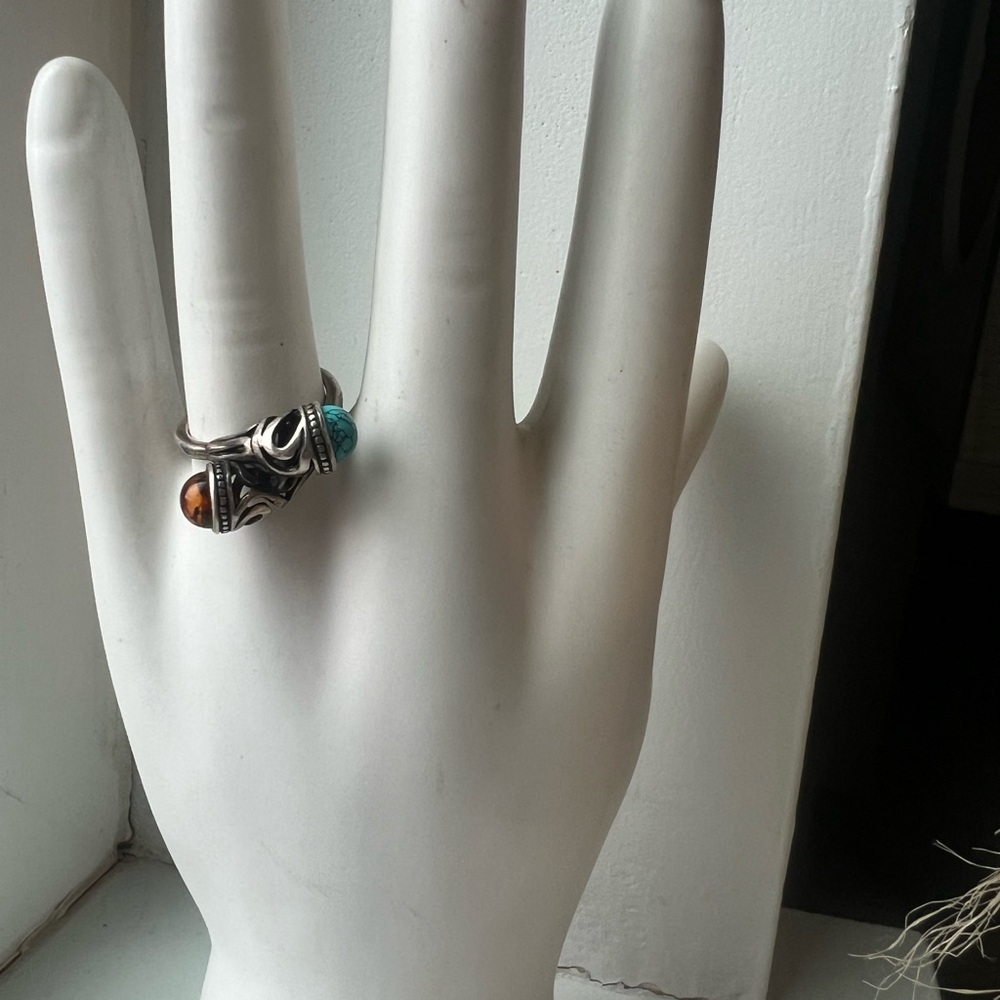 Vintage Sterling Silver Tribal Statement Ring w/ Turquoise & Amber Stones - Picture 2 of 3